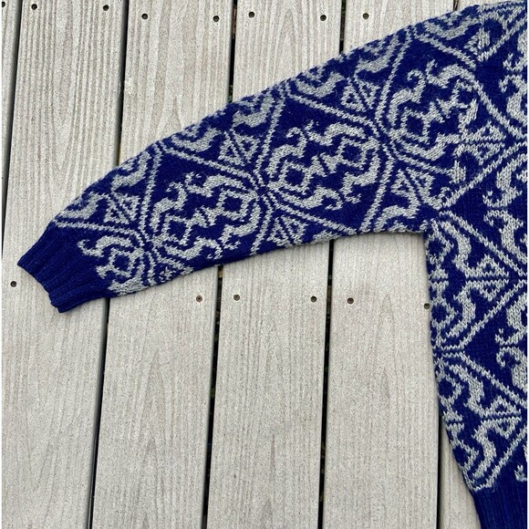 Vintage 1990s J.Crew Outfitters Hand Knit Shetland Wool Sweater Blue Gray L - Picture 6 of 13